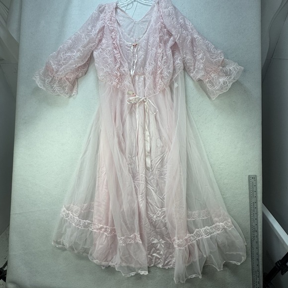 Vintage Tosca Long 2 Pc Nightgown Peignoir Robe Set Small Nylon Pink Lace - Picture 10 of 13